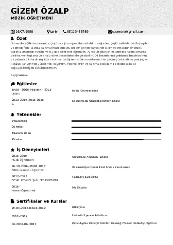 Müzik Öğretmeni Cv Örnekleri cv indir